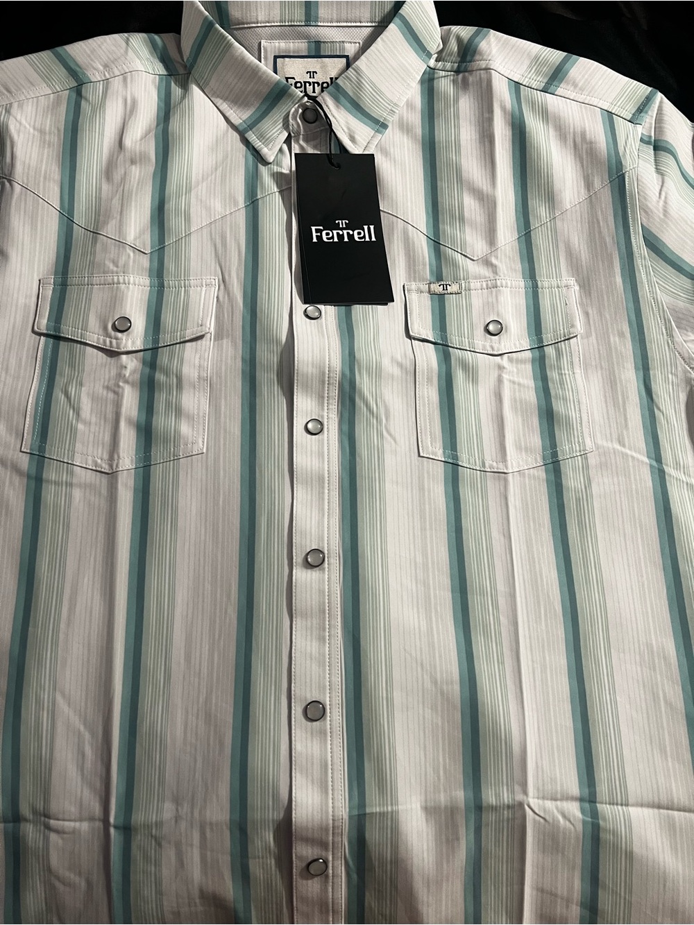 Men’s White Shirt with Teal Stripe Button-Down short sleeve